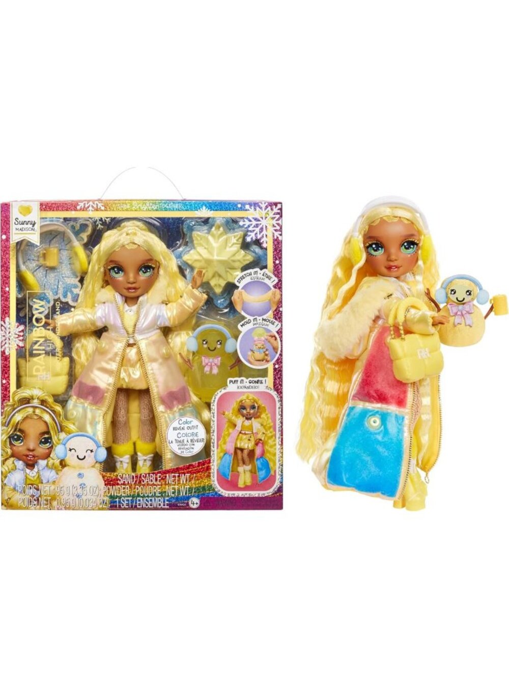 Winter Wonderland Yellow Fashion Doll with Magic Snow & Snowman Kit - Perfect